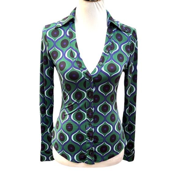 Zara Pattern Button Down Shirt Green Blue Black Size Small - Picture 6 of 6